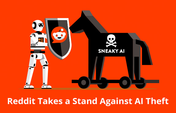 Reddit Robot Holding a Shield to Block Wooden Horse Labeled Sneaky AI