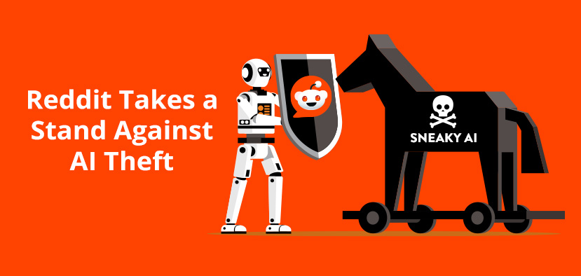 Reddit Robot Holding a Shield to Block Wooden Horse Labeled Sneaky AI